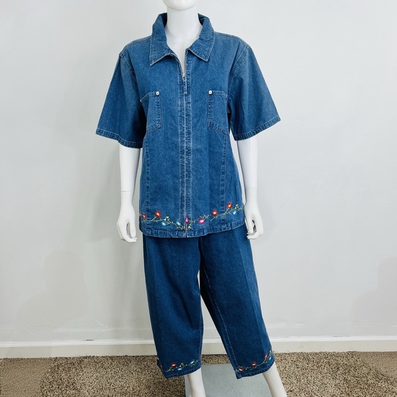 Denim&Co Pants - Denim & Co. Blue Embroidered Pantsuit